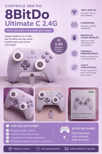 ? Controle 8BitDo Ultimate C 2.4G Sem Fio Lilás | PC, Android e SteamOS | Novo
