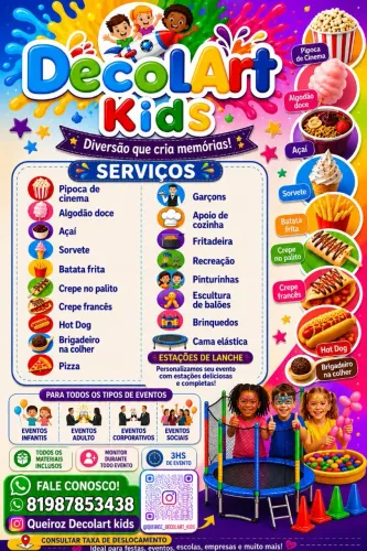 Crepe no palito, pipoca, algodão doce, açaí, batata frita e muito mais..