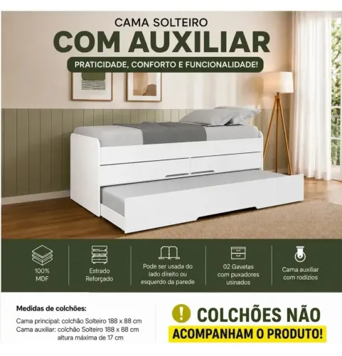 Cama de Solteiro - BiBox Juliette com 2 Gavetas - Brancoo