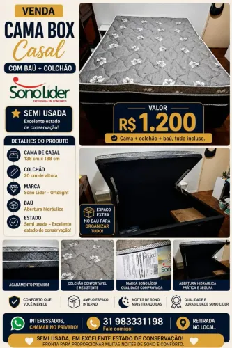 CAMA BOX CASAL COM BAÚ + COLCHÃO 138cm x 188cm