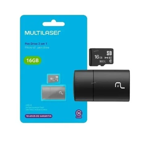 Cartão Memória Pendrive 16gb Multilaser 2x1 Cl10 Usb Mc162