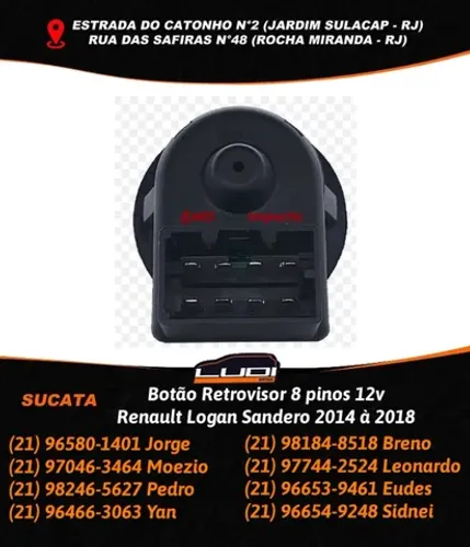 Botão Retrovisor 8 pinos 12v Renault Logan Sandero 2014 à 2018