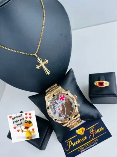 Kit Luxo - Relógio, Anel e Colar Dourado time do coração