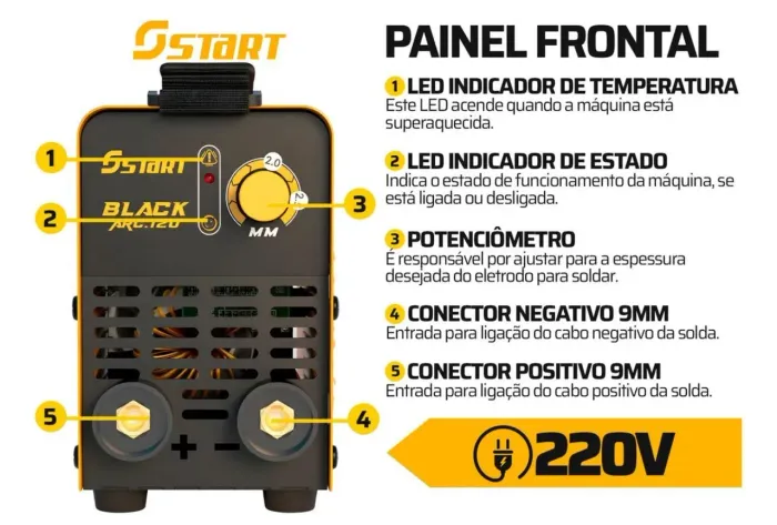 MÁQUINA DE SOLDA INVERSORA ELÉTRICA PORTÁTIL MMA<br>ELETRODO BLACK ARC