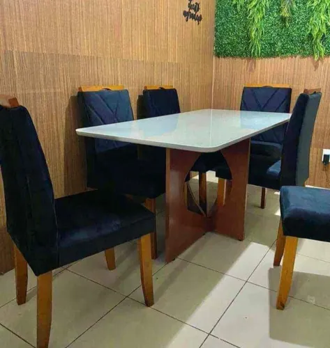 MESA MADRI 1.60×80 TAMPO CANTO COPO COM VIDRO 6 CADEIRAS MACIÇA 