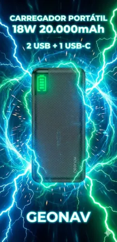 Carregador Portátil 18w 20.000mah 2 Usb + 1 Usb C Geonav