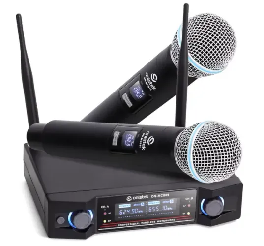 Microfone Sem Fio Duplo Uhf Onistek On-MC809 Hi Fi Dinamico com Display Digital