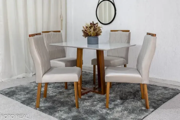 Mesa de Jantar Pedro Mel Vidro Off 120×80 4 Cadeiras Lisboa Veludo Bege 512 Madeira Maciça