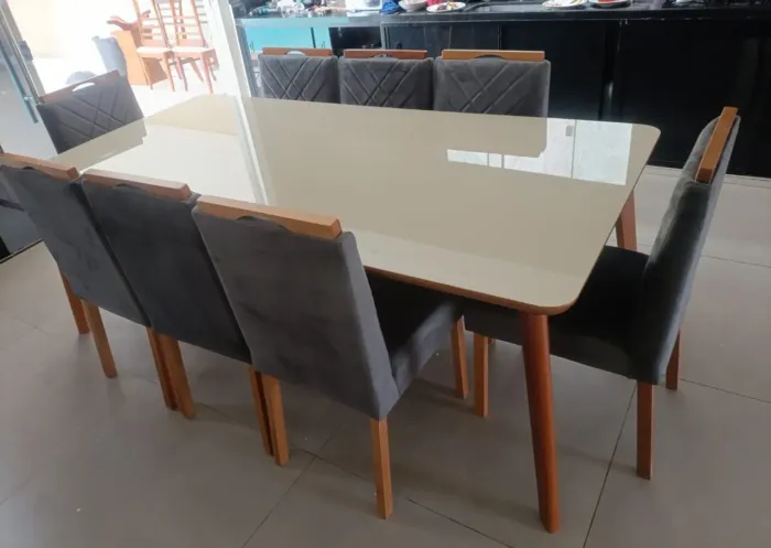 Mesa de jantar retangular 8 cadeiras 220x110 madeira maciça 