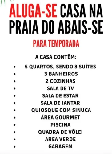 Casa na Praia do Abais para finais de semana, feriados e temporadas