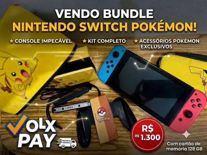 Nintendo Switch Completo + Cartão 128GB + Kit Pikachu + Estojo + Capa