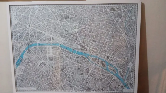 Quadro Mapa Paris Moderno Rio Sena Azul - Plano Centro Paris Vol D'oiseau -Moldura branca 