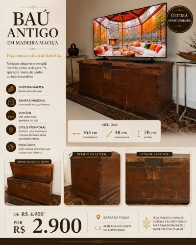 BAÚ ANTIGO EM MADEIRA MACIÇA