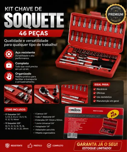     ? Kit Chave de Soquete 46 Peças - Completo e Resistente!