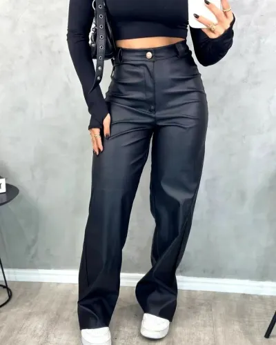 Calça Wide Leg Couro Fake