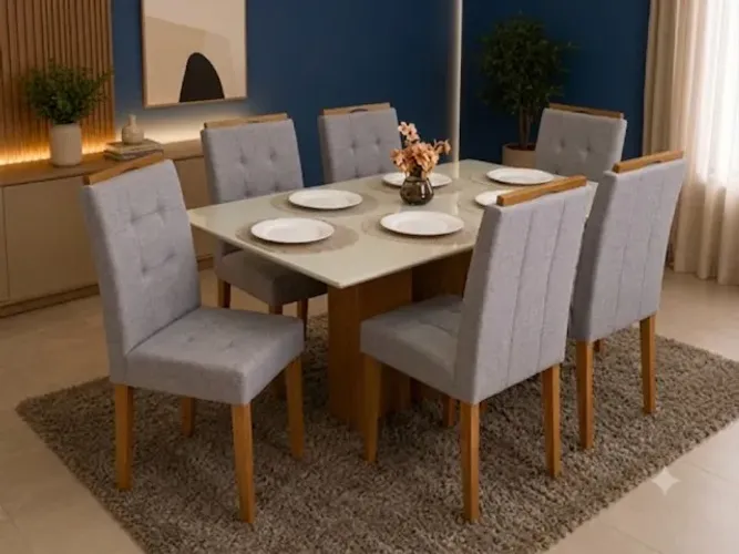 Mesa Los Angeles com 6 Cadeiras Linho Creme | Oferta