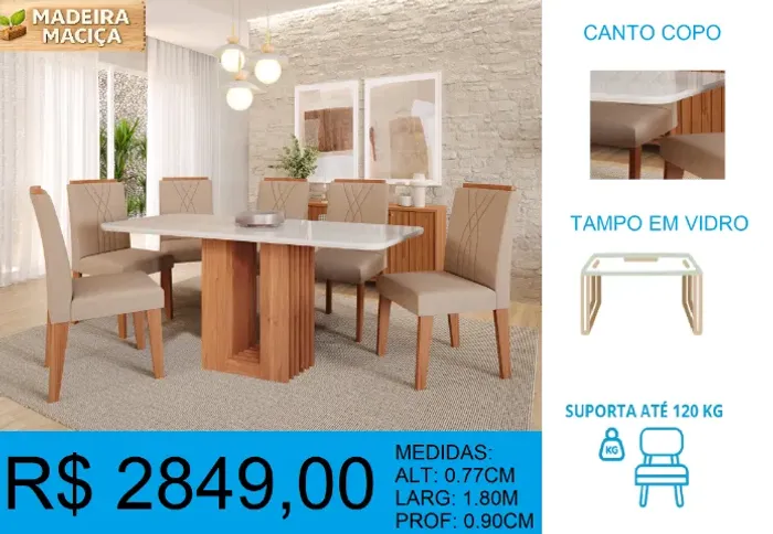 Mesa design elegante e com 6 cadeiras - frete grátis