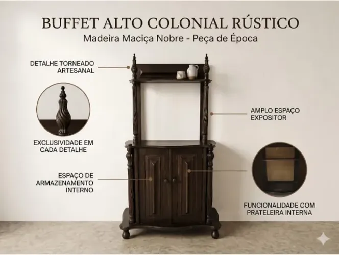 Buffet Alto Colonial Rústico Em Madeira Maciça Nobre