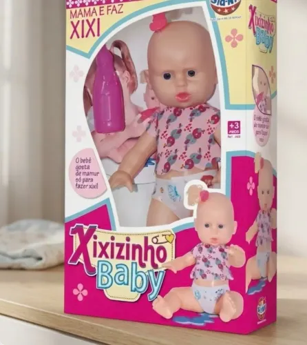 Boneca Bebê Xixizinho Baby Faz Xixi com Mamadeira 28 cm Vinil Sid-Nyl
