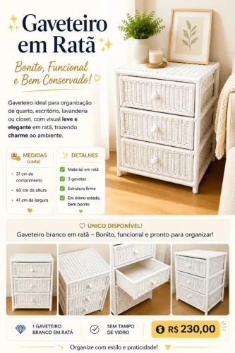 GAVETEIRO EM RATÃ BRANCO - CHARME E ORGANIZAÇÃO PARA QUALQUER AMBIENTE