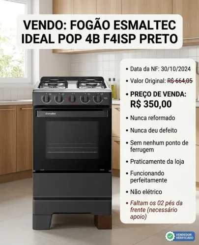 FOGAO ESMALTEC IDEAL POP 4B F4ISP PRETO