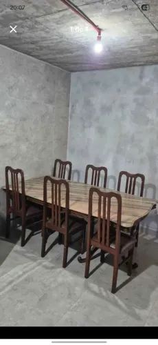Mesa Antiga com Tampo de Pedra 2x1m + 6 Cadeiras Estofadas