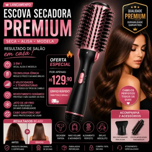 Escova Secadora Premium - Cabelo de Salão Sem Sair de Casa
