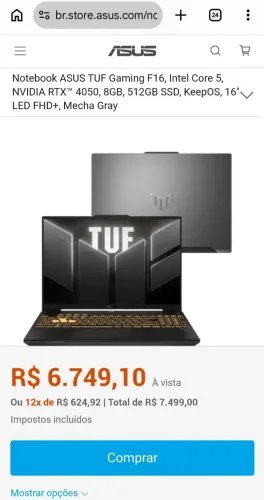 Notebook asus TUF gaming F16 i core 5 NVIDIA RTX 4050 8gb 512gb 0KM LACRADO