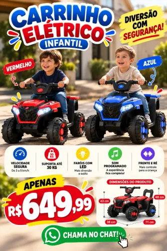 Carrinho Elétrico Infantil 30kg - Vermelho ou Azul | R$ 649,99