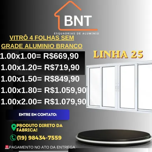 VITRÔ 4 FOLHAS SEM GRADE ALUMINIO BRANCO 1.00X1.20 (Linha 25)