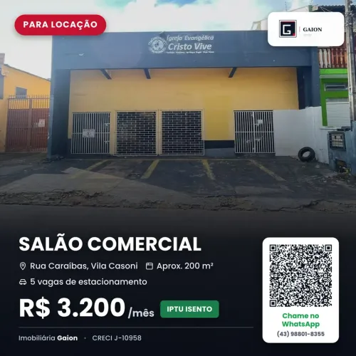 Salão Comercial 200m² para Alugar Vila Casoni | 5 Vagas | IPTU Isento