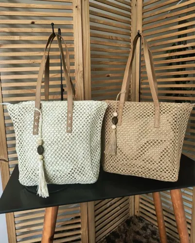 8 bolsas de palha sintética tamanho médio retangular com alças em couro