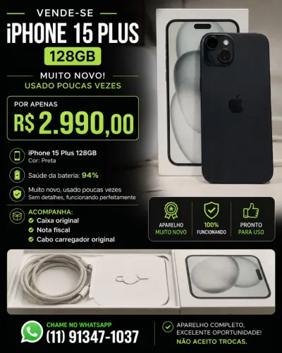 iPhone 15 plus muito novo caixa e carregador sem nenhum risco
