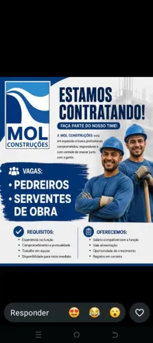 Vagas para Pedreiros / Serventes de obra.