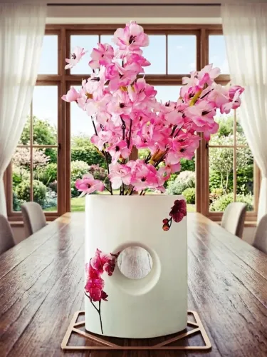 Vaso Decorativo Branco com Flores Artificiais Estilo Cerejeira Rosa