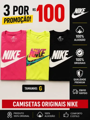 Kit 3 camisetas manga Nike algodão originais - TAM G
