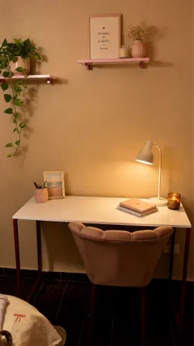 Vende-se mesa de estudo, mais poltrona estilo pétala, mais três prateleiras rosas