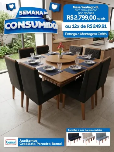 Mesa 8 lugares com cadeiras R$2799,00