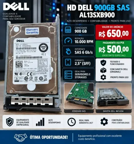 HD Dell 900GB SAS 10K RPM + Gaveta Original | Servidor | R$ 500 PIX