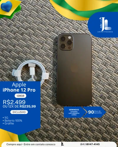 IPHONE 12 PRO, 128GB, GRAFITE, BAT 100%, SEMINOVO, EXCLUSIVO!