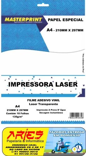 FILME ADESIVO VINIL LASER TRANSPARENTE MASTERPRINT A4 135G 10 FOLHAS