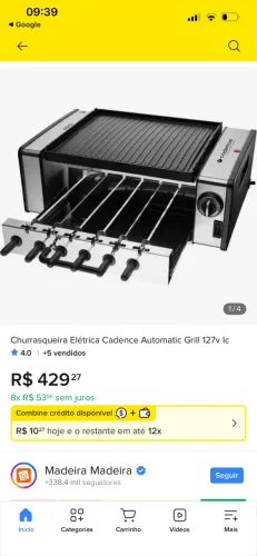 Churrasqueira elétrica cadence 127v