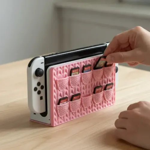 Suporte Para Dock Nintendo Switch Oled Com Porta Cartuchos Rosa Estilo Crochê