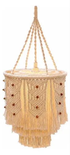 Lustre Pendente Macramê Boho 3 Andares Branco Cru Artesanal