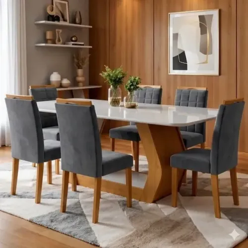 MESA DE JANTAR LAINI 160 CM - MDF/VIDRO + 6 CADEIRAS LAS VEGAS/SAFIRA MADEIRA MACIÇA