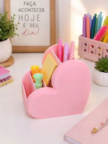Organizador de Mesa Coração Rosa Porta Canetas Maquiagem Impressão 3D Decorativo