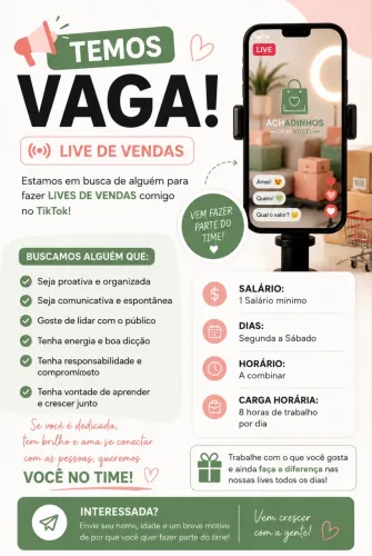 Vaga para Apresentador(a) de Live de Vendas | Salário + Oportunidade de Crescimento