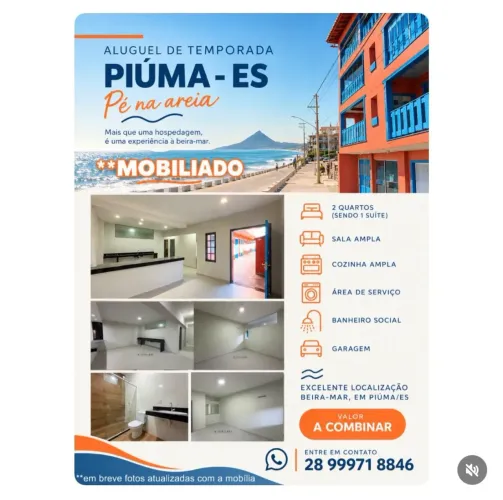 Apartamento térreo, disponível para aluguel de temporada, de frente para a praia de Piúma/