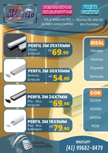 Perfil Embutir 3m 24x7mm com LED 20w/m + Fonte