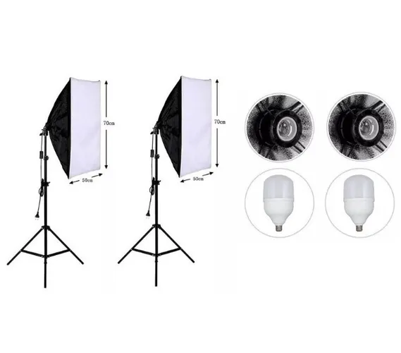 2 Softbox 50x70cm C/Soquete Embutido + 2 Lâmpadas de Led 50W + 2 Tripés 1.80m